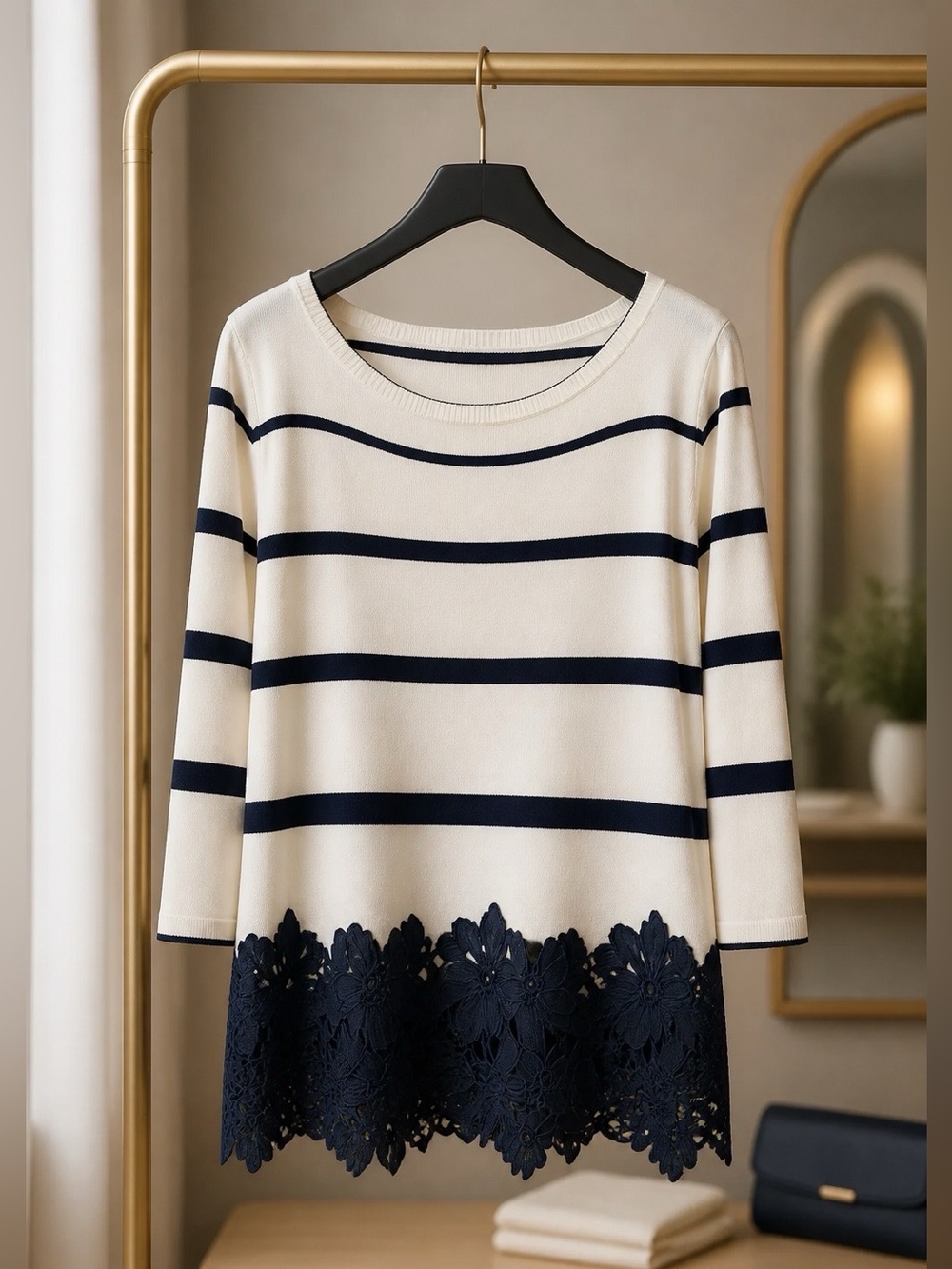 BLACK AND OFF WHITE LONG SLEEVE SWEATER WITH BLACK LACE BOTTOM BY LANE BRYANT